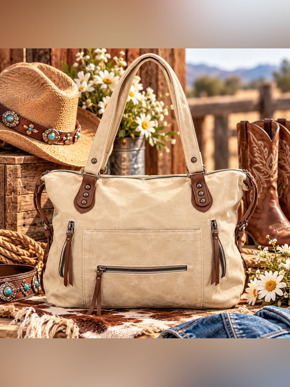Cream Faux Synthetic Canvas Multi-Pocket Shoulder Tote Brown Trim NWOT